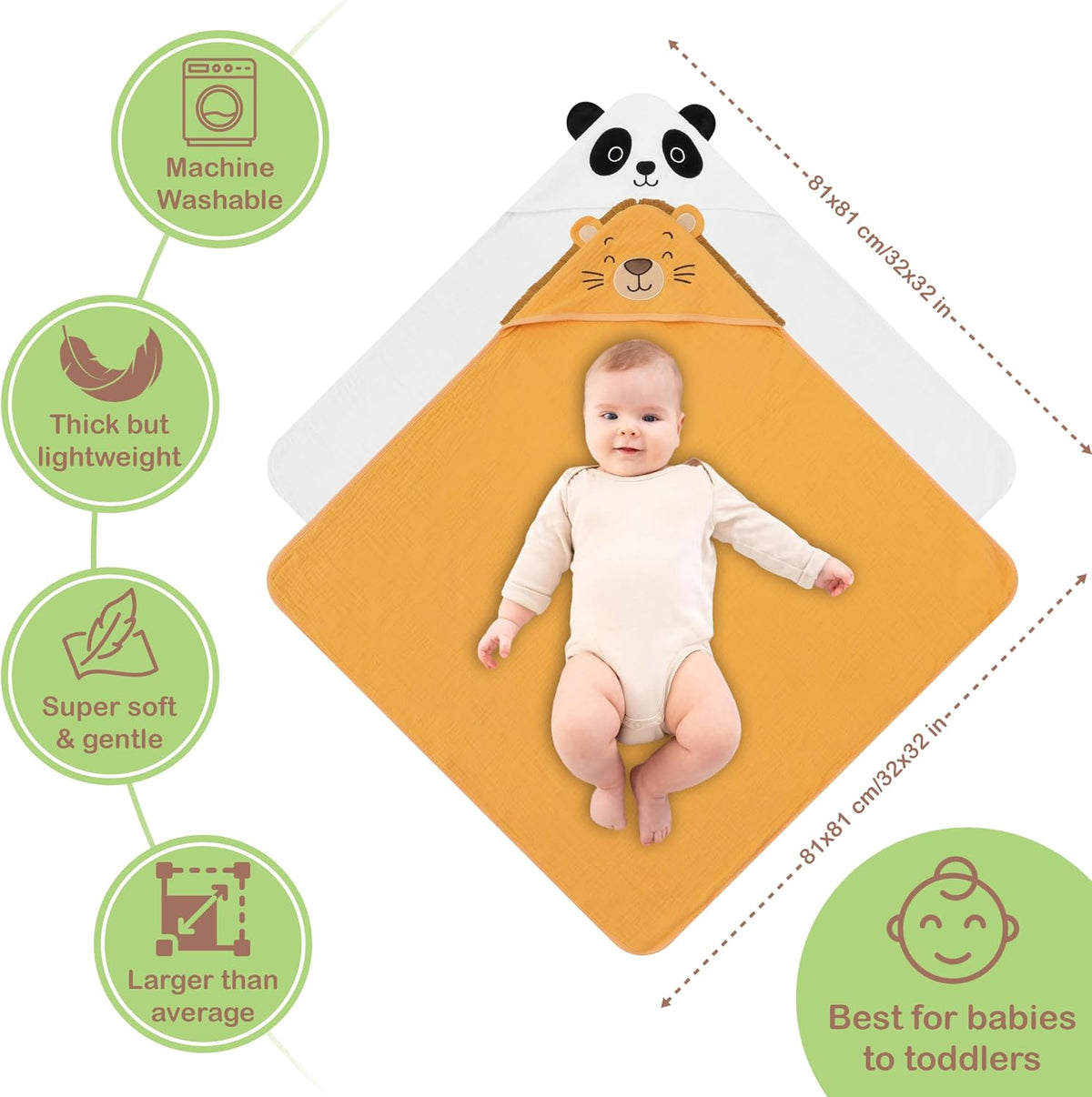 Organic Cotton Muslin Animal Hooded Baby Towels (Set of 2)