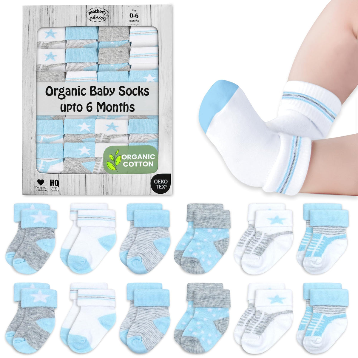 Organic cotton baby socks, 6 and 12-pack