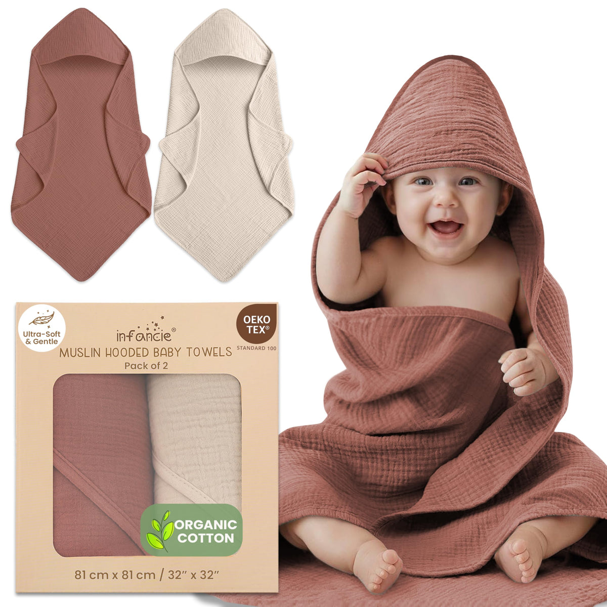 Organic Cotton Muslin Baby Hooded Towels