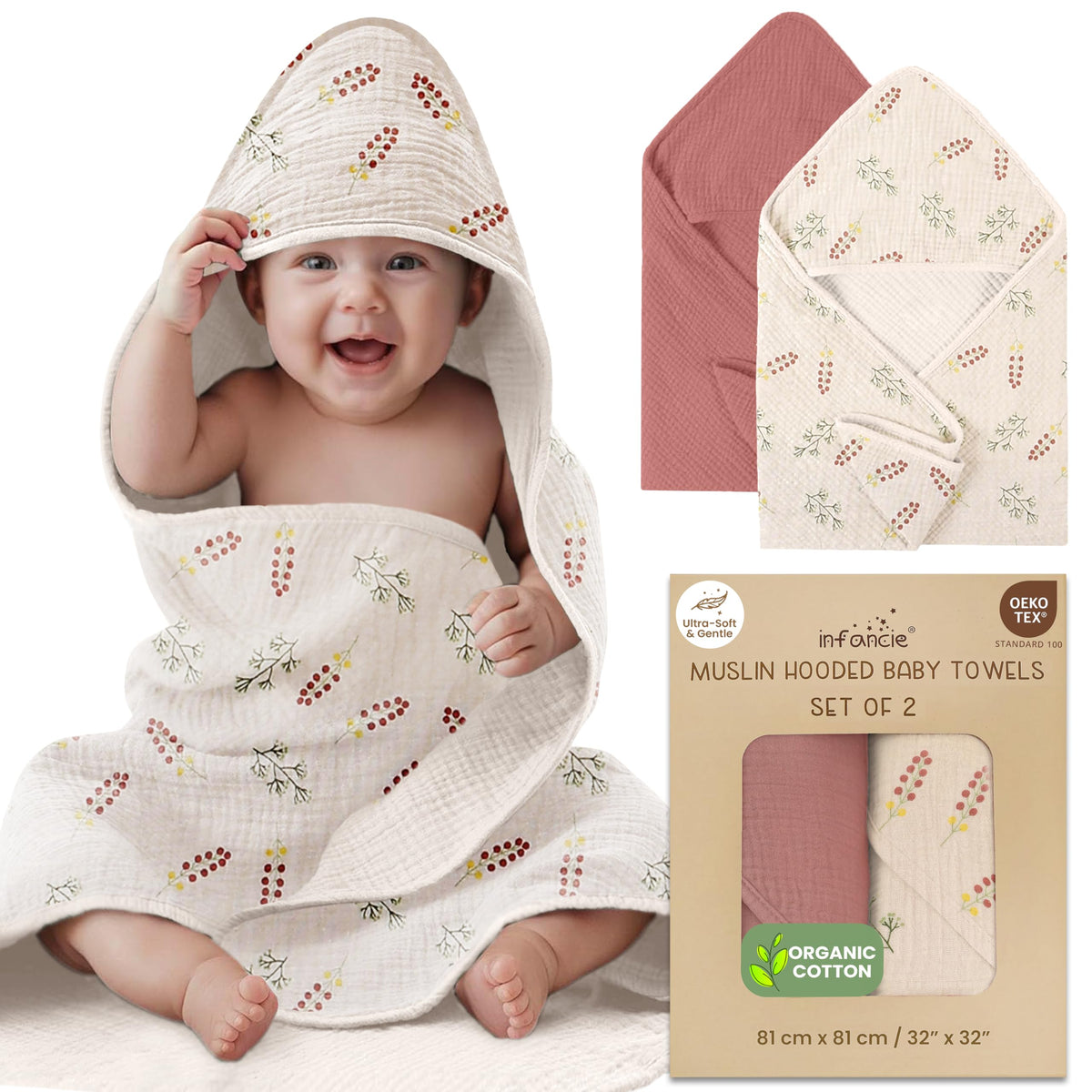 Organic Cotton Muslin Baby Hooded Towels