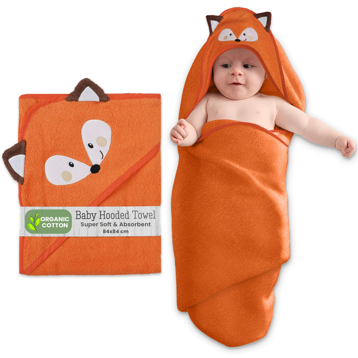 Organic Cotton Animal Hooded Baby Towel in Orange Fox