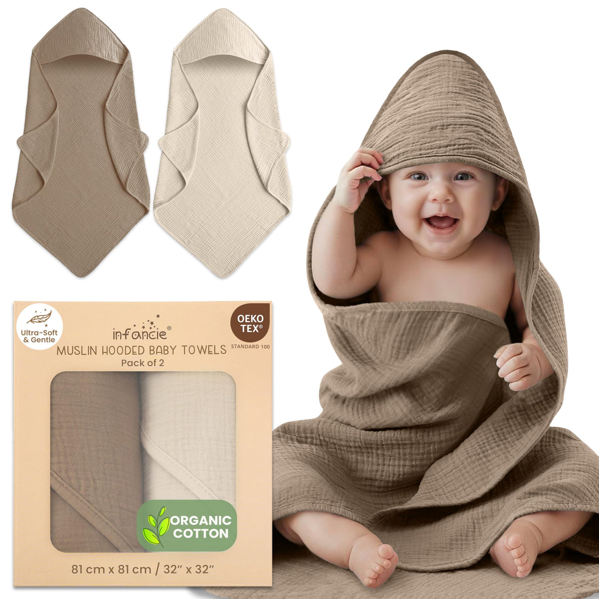 Organic Cotton Muslin Baby Hooded Towels