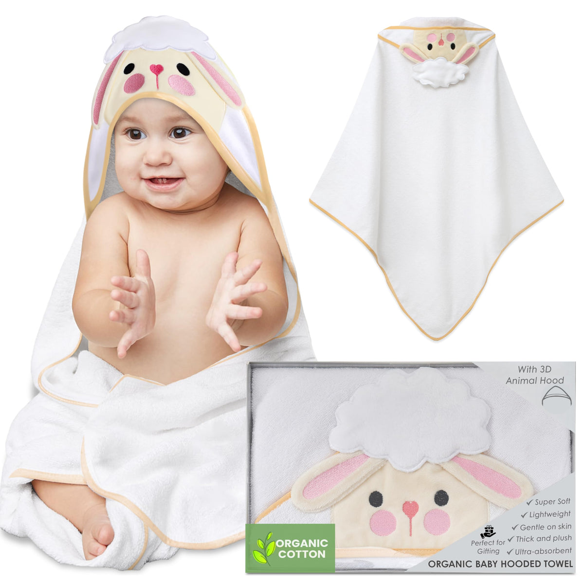 Organic Cotton Animal Hooded Baby Towel in Sheep