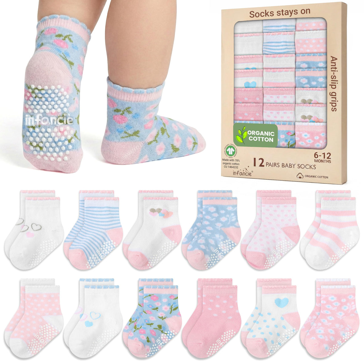 GOTS Certified Organic Cotton Rich Blend Baby Socks - 12 Pairs (6-12 Months)