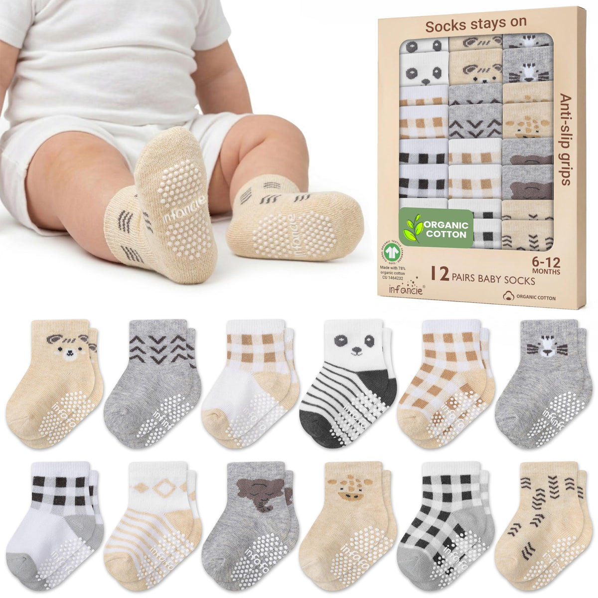 GOTS Certified Organic Cotton Rich Blend Baby Socks - 12 Pairs (6-12 Months)