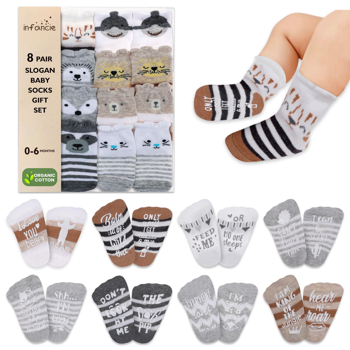 Organic cotton baby grip socks, 8-pack