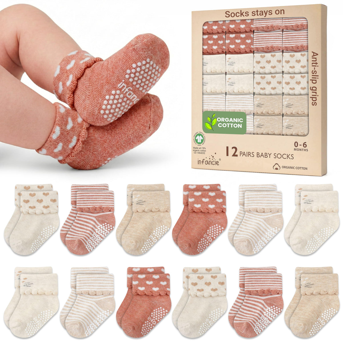 GOTS Certified Organic Cotton Rich Blend Baby Socks - 12 Pairs (6-12 Months)