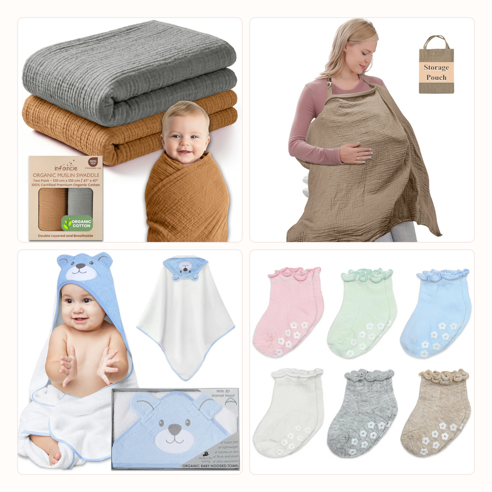 Baby Shower Gift Box - Blanket, Nursing Cover, Hooded Towel & Socks