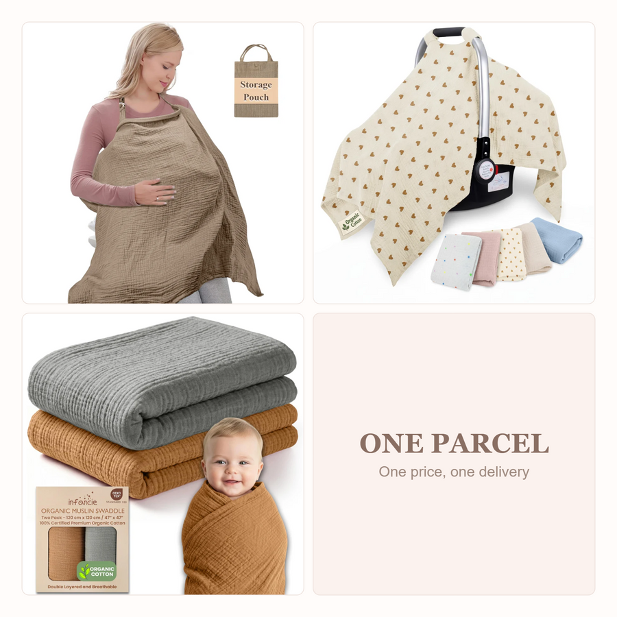 Hospital Bag Essentials - Nursing Cover, Car Seat Cover & Muslin Blanket
